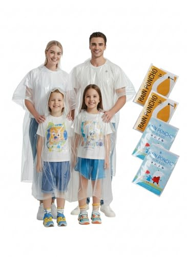SaphiRose Disposable Adult Rain Ponchos 4 Pack Clear Emergency Raincoat