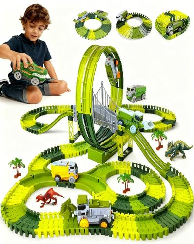 360-Circular Loop Dinosaur Race Track Toy, 271 PCS Dinosaur Toys Train Track, 2 Electric Race Dino Cars, Flexible Race Track Set, Christmas Birthday Party Gift for 3 4 5 6 7 8 9 Year Kids Boys Girls