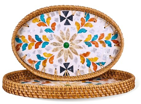 Welhammsae Set di 2 Vassoio da Portata in Rattan Ovale Vimini Organizzare Cestino Portaoggetti Vassoio da Tavolino per Casa Cucina Bagno Decorazione Vivente(Foglie Colorate)