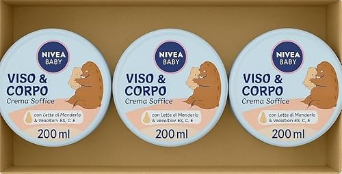 Baby Viso & Corpo Crema Soffice con Latte di Mandorla e Vitamine B5, C, E – Idratazione Delicata per Pelle Sensibile dei Bambini – Confezione da 3 x 200 ml