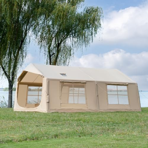 Inflatable Tent for Camping with 2 Rooms, 8-10 Person Easy Setup Air Tent with Hand Pump, 4 Season Waterproof Glamping Tent with Stove Jack, Large Family House Tent (Beige-10 Person)
