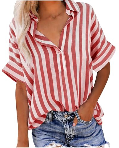 Chemise Femme Blouse Été Pull Col V Classique Crop Top Boutonnée Rayée T-Shirts à Manches Courtes Respirant Vetement Décontracté Haut Femme Tee Shirt Manche Courte 06 Rouge XL