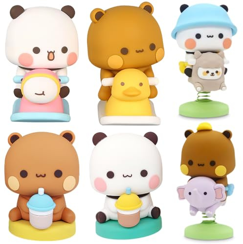 RNPKZ Bubu Dudu Figura oscillante per auto, 6 pezzi Panda Orsetto Kawaii, decorazione per auto, Bubu Dudududududududududu, statuetta a forma di orso, simpatica testa oscillante per auto, regalo per