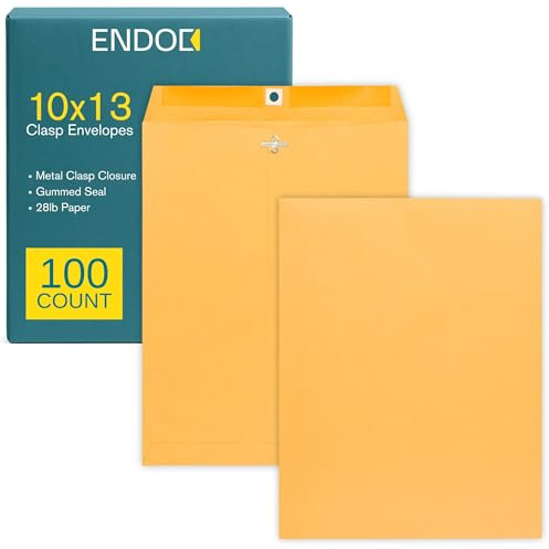 EnDoc 10 x 13 Clasp Envelopes – 100 Pack Brown Kraft Catalog Envelopes with Clasp Closure & Gummed Seal – 28lb Heavyweight Paper 10x13 inches Envelopes for Home, Office, Business, Legal or School