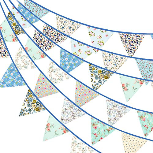 G2PLUS 12M Guirnalda Banderas Banderines Tela de Algodón, Pancarta Triángulo Multicolor Banderines Fiesta Decoración Colgante de Boda Bautizo Fiesta Cumpleaños Navidad（Azul）
