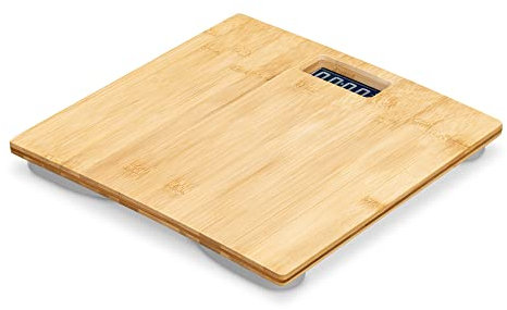 Navaris Digitale Bambus Personenwaage - mit LCD Display - 30 x 30 x 2,7cm - Personen Körperwaage digital - 180kg Kapazität - Waage Badezimmer