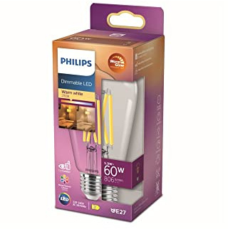 Philips LED Classic E27 WarmGlow Lampe, 60 W, Tropfenform, dimmbar, klar, warmweiß