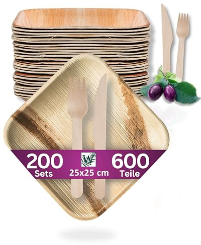 Waipur Set Piatti in Foglia di Palma e Posate in Legno - 200 Pz Quadrati 25x25 cm con Coltelli e Forchette - Stoviglie Monouso Biodegradabili - Eleganti e Compostabili - Simile al Bambu