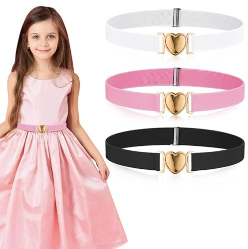 3 Pack Girls Elastic Belts, Adjustable Kids Belt Elastic Stretch Belts with Heart Buckle for Boys Girls, Cute Heart Belt for Kids Toddler