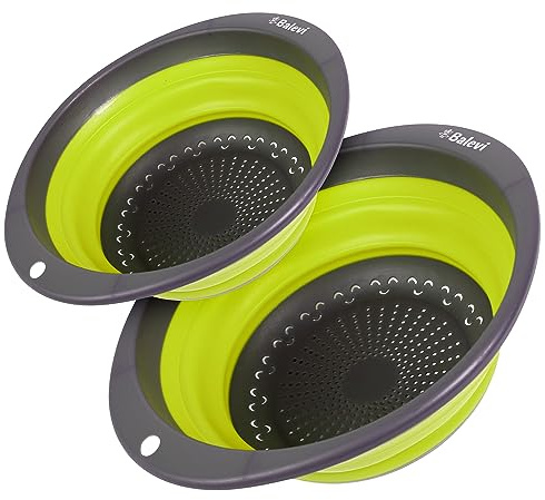 Balevi Collapsible Strainers for Kitchen - Collapsible Colander Set of 2 Made of Silicone - Collapsible Strainer with Little Pegs to Keep Food Elevated - Green