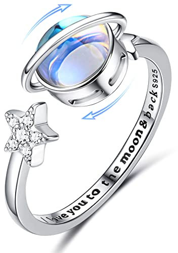 Krfy 925 Silber Angst Fidget Ringe für Damen 18K Weiß überzogener Mondstein Moodstone CZ Offener Ring für Anti Stress Einstellbarer Stern Mond Spinner Ring Fidget Ring für Frauen Mädchen
