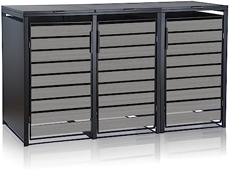 Zelsius Mülltonnenbox 3er für 3 Mülltonnen | 120-240 Liter | Anthrazit RAL 7016 | Tür in hellgrauer Holzoptik inkl. Erweiterungsmöglichkeit | Mülltonnenhäusschen, Mülleimerboxen