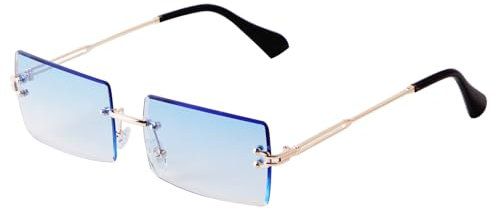 Laurinny Rechteck Randlose Sonnenbrille Herren Rechteckig Brille Viereckig Rahmenlose Sonnenbrille für Frauen Männer(Gold/Gradient Blau)