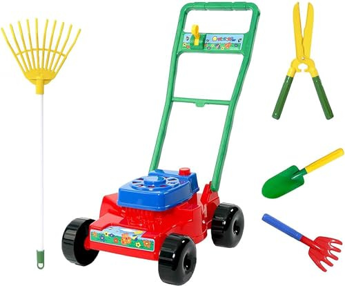 AAMEN Garden Mower Set With Fork, Rake, Shears & Trowel - Indoor/Outdoor Gardening Tools for Toddlers