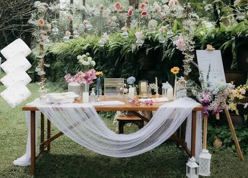 Juan's Moment Pearl Tablecloths Décor Wedding Table Runner Veil Lace Tulle Fabrics Sweetheart Arch Dessert White Aisle Denim and Diamonds Party Decorations 4 Pieces 60x120 Inch