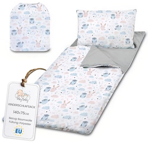Sac de Couchage Enfant avec Coussin et Fermeture éclair pour bébé de 3 à 7 Ans - 75x140 cm Sac de Couchage intérieur pour garderie Maternelle Oeko-Tex 75 x 140 Hiboux