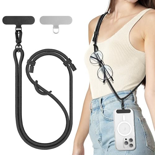SURPHY Verstellbar Handykette Universal zum Umhängen, Stabil Trageband Handyband für Outdoor, Reise, Phone Lanyard mit Robuste Haken Kompatibel mit alle Smartphones Airpods, Rein schwarz