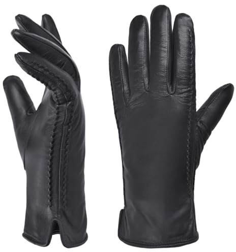 Harssidanzar Womens Winter Warm Lining Lambskin Leather Gloves Touchscreen Texting Warm Driving Gloves HL001US,Black,Size M