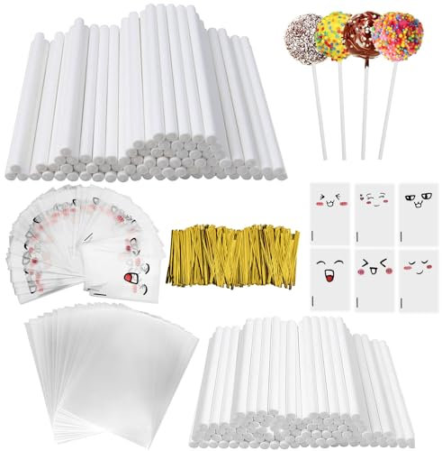 FIHODONE 600 Stück Cake Pop Stiele Set, Cakepop Stiele aus Papier 15cm 10cm, Cake Pop Maker mit Twist Ties, Cake Pop Ständer Zubehör mit Süßigkeiten Tüten, für Süßigkeiten Gebäcke Kekse Bonbons