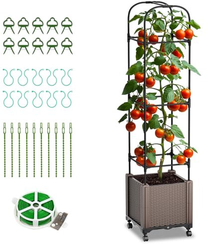 ZIKEBTUY Jardinière de jardin 40 x 30 x 150 cm avec treillis pour plantes grimpantes, bac à fleurs mobile avec 4 roulettes, accessoires : 10 fermoirs, 10 clips, 1 câble en plastique, 10 attaches de