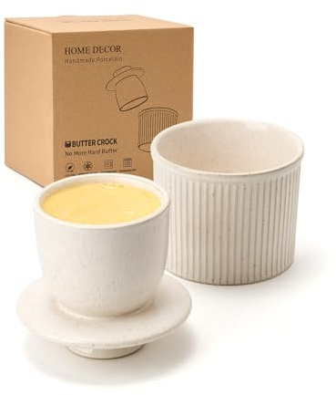 HOME DECOR Große Butterdose Keramik, Französische Butterdose mit Deckel, Streifen-Design Butterglocke für Frische und Streichfähige Butter - Gesprenkeltes Creme