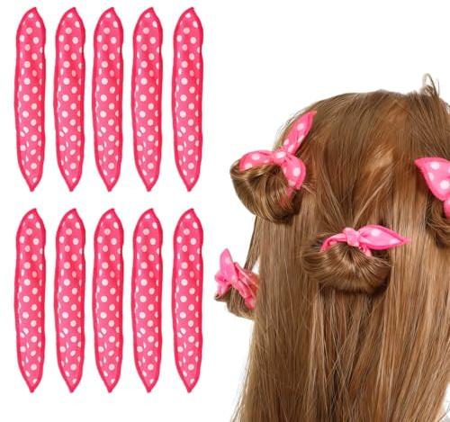 10 Pezzi Bigodini Morbidi per Dormire, Arricciacapelli senza Calore in Pile, Stampa Pois Rosa, per Donne e Ragazze, Notte e Giorno