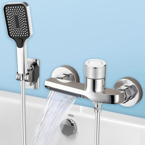 Grifo Bañera en Cascada con Alcachofa, Manguera y Soporte, Conjunto de, Grifo para Bañera, Mezclador de Baño y Ducha Latón, 150cm Cable PVC, Mezclador Ducha Montado en La Pared
