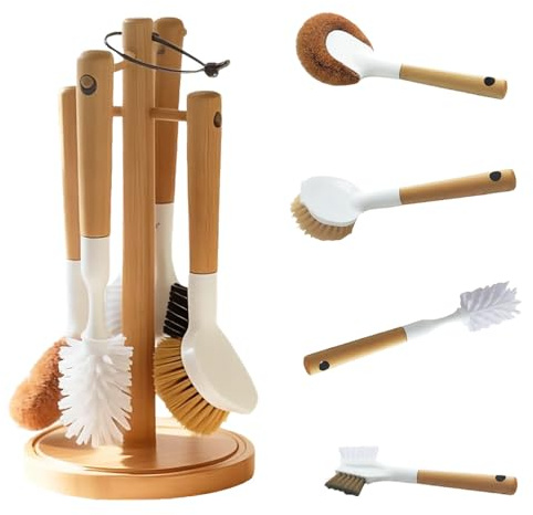 4 Packs Bamboo Washing up Brush Set Durable Bristle Dish Cleaning Brushes Non-scratch Kitchen Scrub Brush with Long Handle for Cleaning Pots Pans Baking Trays Stovetop Bottles Kitchen Sink
