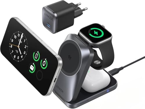Anker Prime 3-i-1 trådlös laddningsstation – AirCool, 25W Qi2.2-certifierad, hopfällbar & kompakt, MagSafe-kompatibel för iPhone 17, Apple Watch och AirPods