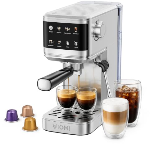 VIOMI T1B Pro 20 Bar Cafetera Espresso con Espumador de Leche, 2 en 1 | Café Molido y Cápsulas, Cold Brew, Pantalla Táctil, Para Cappuccino y Latte, Autolimpieza, Depósito 1,1 L, Acero Inoxidable