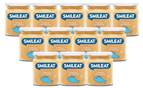 Smileat - Tarritos Ecológicos con Verduras, Ingredientes Reales, para Bebés desde 6 Meses, sin Gluten, Sabor a Verduras con Merluza - Pack de 12 x 230 g = 2760 g
