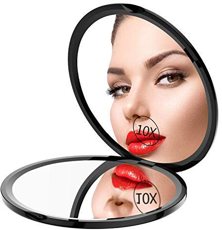Gospire Pocket Makeup Mirror for Travel, 1X/10X Double Sided Magnifying Compact Handbag Cosmetic Mirror, 4 Inch Ultra-thin Handheld Round Foldable Portable Mirror for Women (Black)