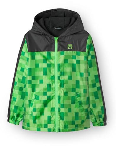Minecraft Boys Jacket | Creeper Waterproof Hoodie Fleece Lined Raincoat | Gamer Hooded Jacket