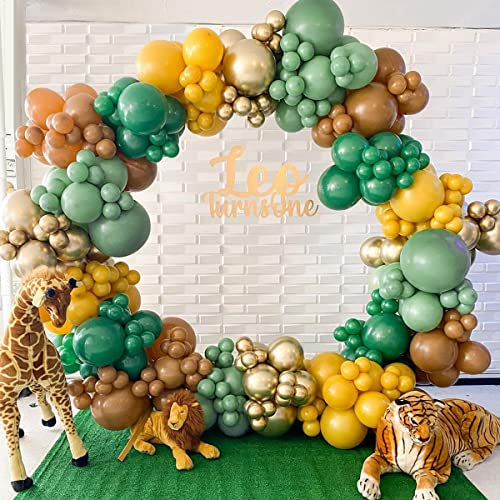 Arco Palloncini Kit Ghirlanda,Giungla Safari Palloncini Compleanno 120pezzi Verde Salvia Marroni Verdi Limone giallo e palloncino in oro metallizzato per Compleanno,Jungle Festa Decorazioni,Battesimo