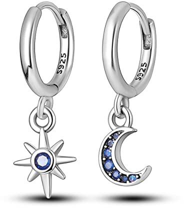 NARMO 925 Plata Estéril Estrella Luna Zafiro Cúbico Pendientes para Mujer