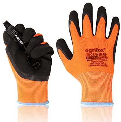 FUZZIO 12 Paar Arbeitshandschuhe Herren Gr 8, Mechaniker Handschuhe neonorange, Gartenhandschuhe Herren, Arbeitshandschuhe Damen, Montagehandschuhe Herren, Schrumpf Latex Beschichtung Handschuhclip