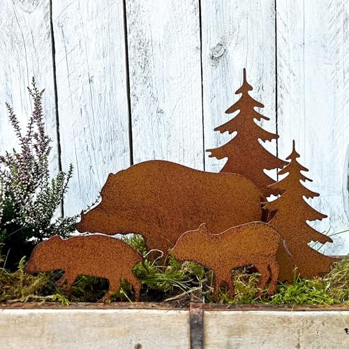 Storm's Gartenzaubereien Gartenstecker Wildschwein Figuren mit Tannen 5er Set in Rostoptik als Weihnachtsdeko
