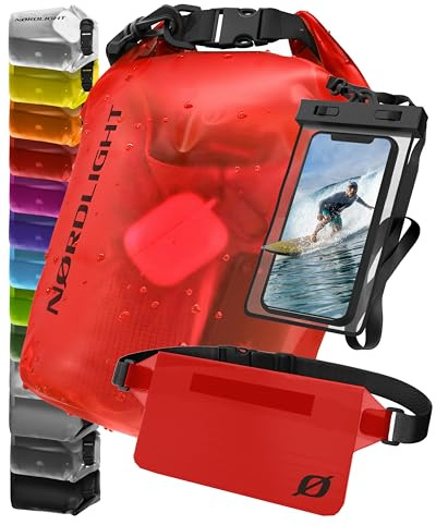 Nordlight wasserdichte Tasche 3er Set (Rot) - Dry Bag 20l + wasserdichte Handyhülle + wasserdichte Hüfttasche | IPX8 Schutz | Mit Verstellbaren Gurten Für Strand, Stand Up Paddling