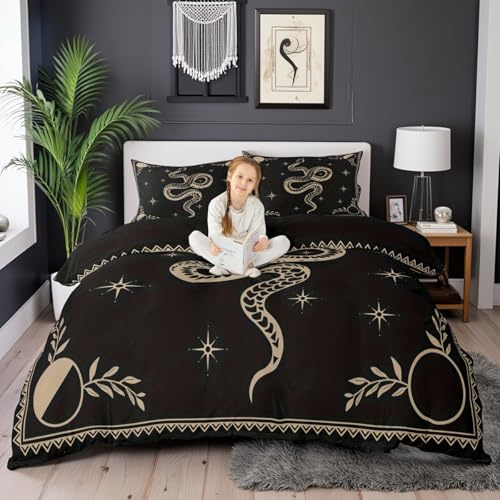 Snake Printed Duvet Cover Queen Size,Boho Sun and Moon Comforter Cover with 2 Pillowcase for Teens,Kids Starry Sky Galaxy Bedding Set,Black and Brown Breathable Decorative Bed Cover(No Comforter)