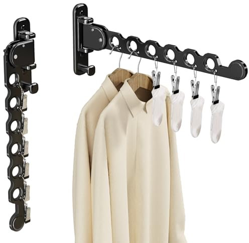 Danpoo Clothes Drying Rack Foldable Wall Mounted Laundry Drying Rack Clothing Coat Hanger Clothes Dryer Washing Rack Black 2 Packs