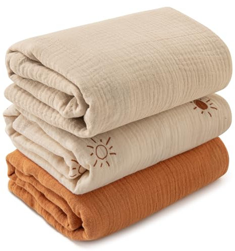 Soarwg Kids Musselin Tuch Baby Pucktücher für Neugeborene, 3 Stück Musselin Decke, große 95 x 100cm Babydecke - Baby Swaddle Decke Spucktücher, Wickeltuch wesentliche Artikel für Babyparty Braun