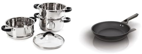 Tower T80836 Essentials Induction Steamer Pans 3 Tier with Glass Lid, Silicone Handles & Ninja ZEROSTICK Classic Cookware 20cm Frying Pan, Non-Stick, Long Lasting Aluminium Frying Pan