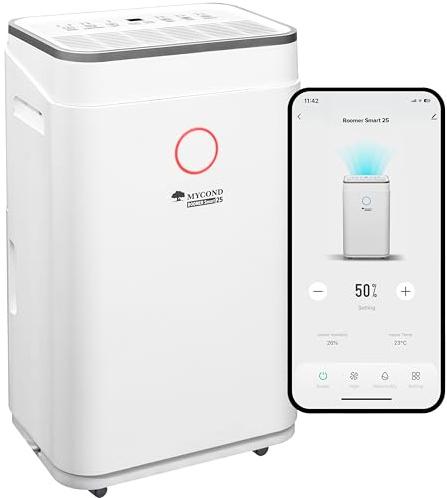 Dehumidifier - MYCOND Roomer 25L/Day Compressor Smart Dehumidifier, Quiet Operation ≤45dB, Wi-Fi and app Control, 6.5L Tank, Continuous Drainage, Ideal for Home, Bedroom & Basement
