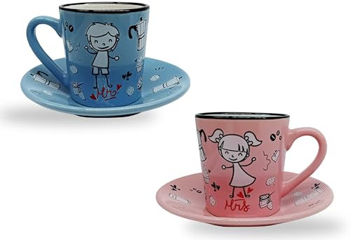 Set Tazze Caffè con piattino, Mr. Mrs., Cartone animato, Idee Regali Originali Matrimonio, coppia di sposi, fidanzamento, Anniversario, Lui Lei, Natale, 80 ml (Set tazzina caffè, Cartone animato)