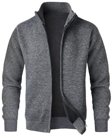 OlyljpinZ Hombres de Punto Cardigan Forro Polar Suéter de Punto Clásico Cuello de Pie de Manga Larga Casual Sudadera Cálida con Cremallera Completa de Punto Jumper Grueso Abrigo de Invierno