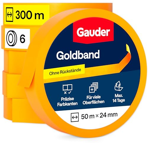 GAUDER Goldband Malerkrepp aus Premium-Washi für präzise Farbkanten - Maler Klebeband rückstandsfrei - Kreppband und Abdeckband - Malerband Masking Tape - Abklebeband Maler (6 Rollen - 24 mm x 50 m)