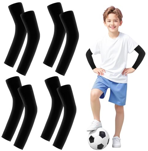 Leikedun 4 Paires de Manchons de Bras pour Enfant, Manchettes de Compression Noir pour Football, Basket-ball, Volley-ball, Baseball - Sport pour Filles et Garçons​