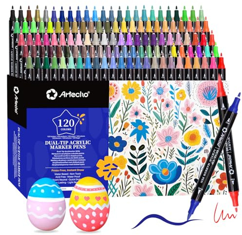 Artecho Pennarelli Acrilici Doppia Punta 120 Colori, Acrylic Marker con Pennello e Punta Fine, Ideali per Sassi, Legno,Tessuti, Tela, Carta, Vetro, Ceramica