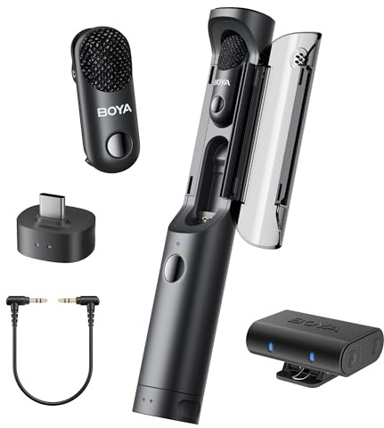 BOYA Magic 4 in 1 Trasformabile Mini Microfono Wireless, Lavalier/Manuale/Scrivania/Videocamera Microfono Lavalier per Camera/iPhone15/16/Android, Vlogging e Streaming(2TX+2RX)