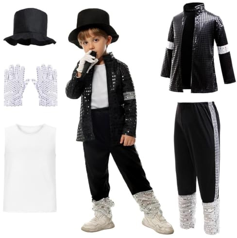 Lito Angels Costume Pop Star Anni '80 '90 per Ragazzi, Set 6 Pezzi con Giacca Nera con Paillettes, Pantaloni, Cappello, Guanto – Spettacoli, Halloween, Danza, Età 10-11 Anni 140